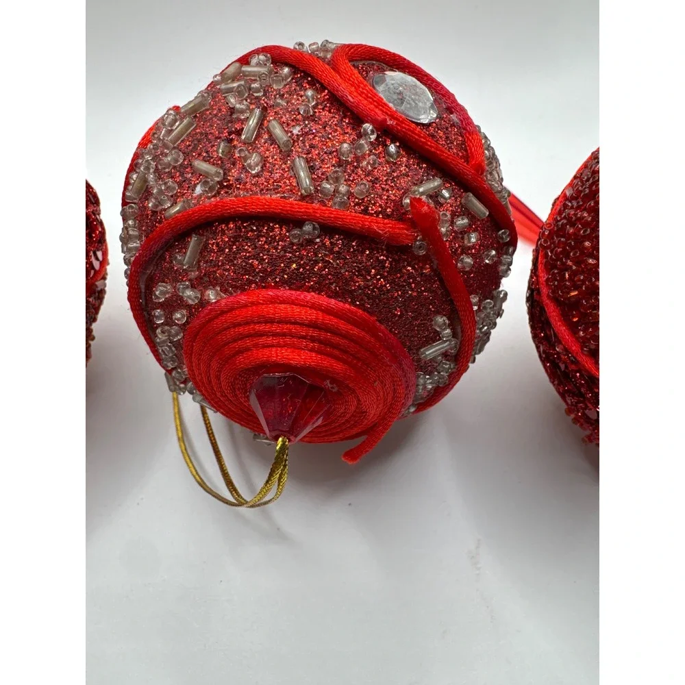Red Beaded Christmas Ornaments Set of 3 Silver Accents Crystal Dangles